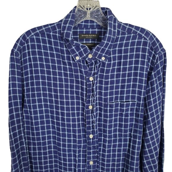 Banana Republic Mens Size L Shirt 100% Linen Camden Standard Fit Windowpane Blue - Picture 3 of 12